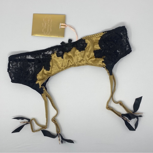Agent Provocateur Nayeli SOIREE Gold Black Silk Suspender AP4 Large NWT $385 - Picture 7 of 11